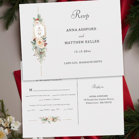 Gewoon Elegant Kerst Bloemen Monogram RSVP Briefkaart
