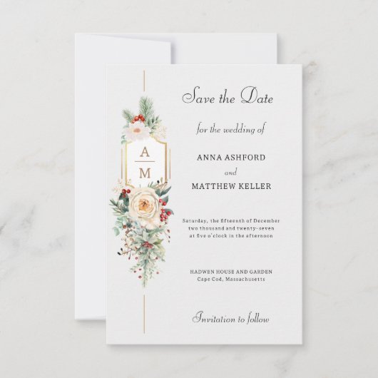 Gewoon Elegant Kerst Bloemen Monogram Save The Date (Voorkant)