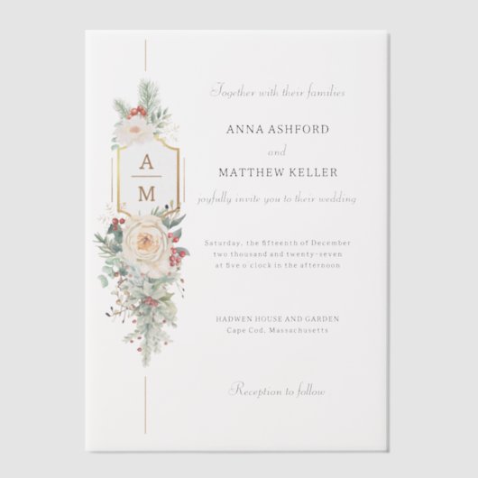 Gewoon Elegant Kerst Bloemen Monogram Vellum Uitnodigingen (Voorkant)