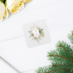 Gewoon Elegant Kerst Bloemen Monogram Vierkante Sticker