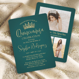 Gewoon Elegant Quinceañera 3 Foto Groen en Goud Kaart