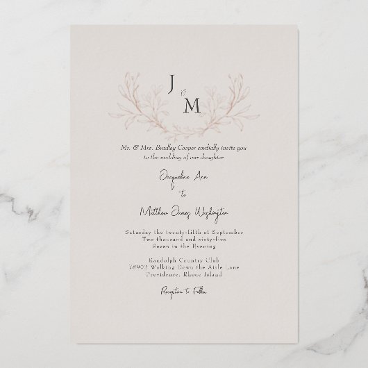 Gewoon Elegant Taupe Foliage Wedding Roos Gold Folie Uitnodiging (Voorkant)