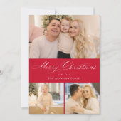 Gewoon elegant vrolijk kerstscript rood 4 foto feestdagenkaart (Voorkant)