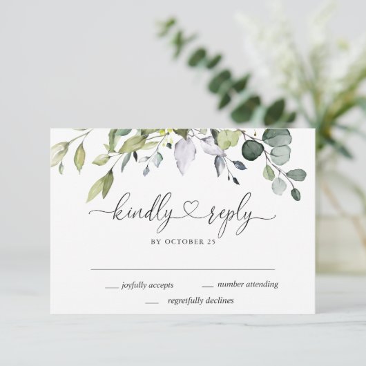 Gewoon Elegant Waterverf Eucalyptus Weddenschap RSVP Kaartje (Staand voorkant)