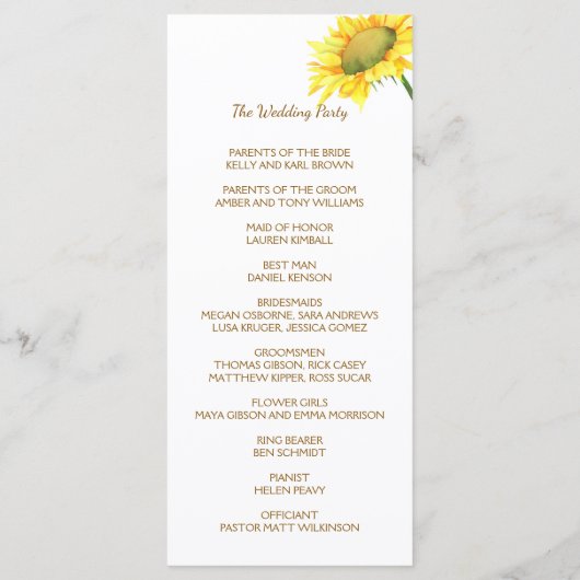 Gewoon elegant zonnebloem bruiloft programma programmakaart (Achterkant)