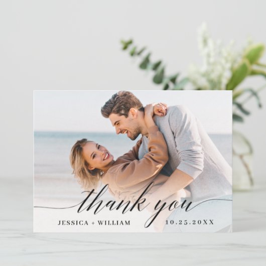 Gewoon elegante bruiloft eenvoudige 2 foto bedankkaart (Staand voorkant)