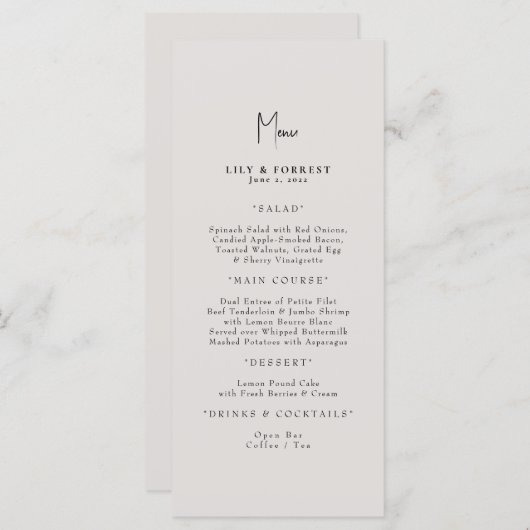 Gewoon elegante crème bruiloft menu (Voorkant / Achterkant)