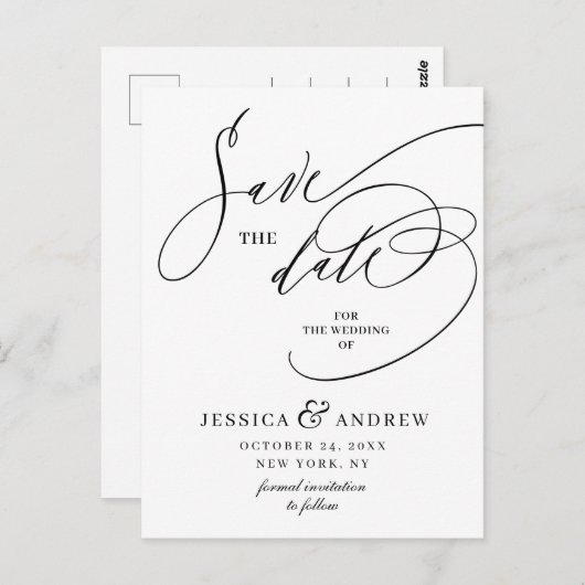 Gewoon Elegante Kalligrafie Bruiloft Save the Date Briefkaart (Voorkant / Achterkant)