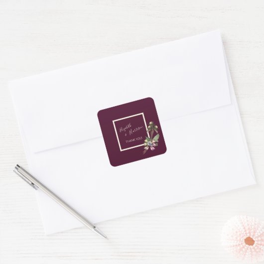 Gewoon elegante Merlot bruiloft Dank u Vierkante Sticker (Envelop)