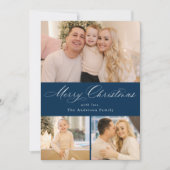 Gewoon elegante Merry Christmas Script Navy 4 Foto Feestdagenkaart (Voorkant)