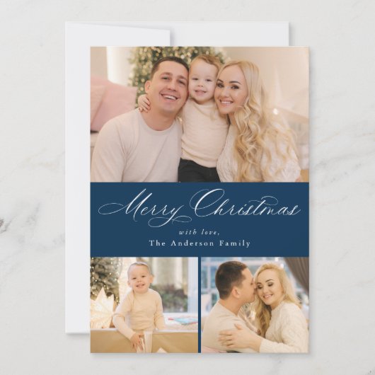 Gewoon elegante Merry Christmas Script Navy 4 Foto Feestdagenkaart (Voorkant)