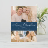 Gewoon elegante Merry Christmas Script Navy 4 Foto Feestdagenkaart (Staand voorkant)