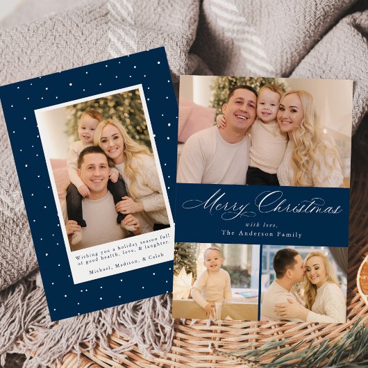Gewoon elegante Merry Christmas Script Navy 4 Foto Feestdagenkaart