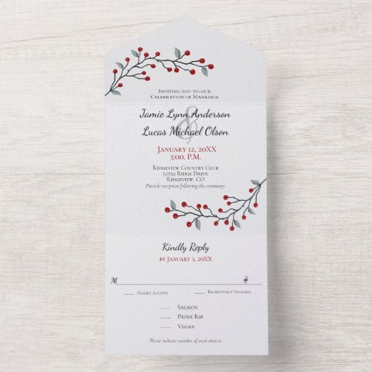 Gewoon elegante rode winterbessen all in one uitnodiging (Binnen)