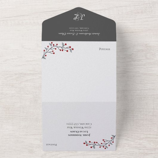 Gewoon elegante rode winterbessen all in one uitnodiging (Buitenkant)