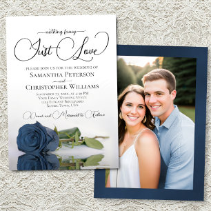 Gewoon Elegante Staalblauwe Roos & Foto Bruiloft Kaart