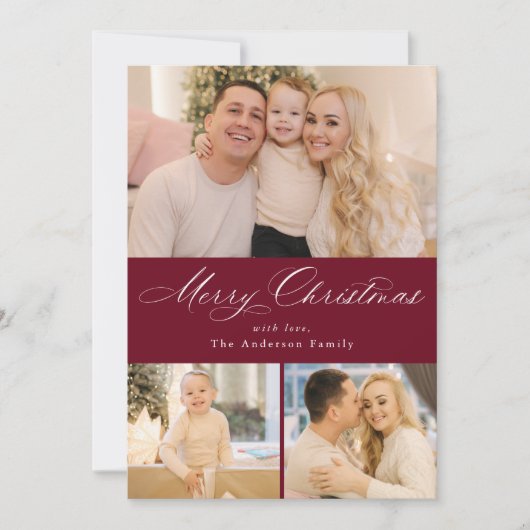 Gewoon elegante vrolijke kerst bordeaux 4 foto feestdagenkaart (Voorkant)