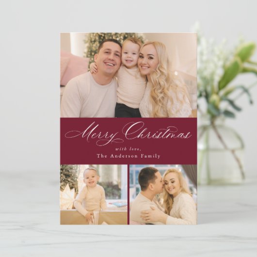 Gewoon elegante vrolijke kerst bordeaux 4 foto feestdagenkaart (Staand voorkant)