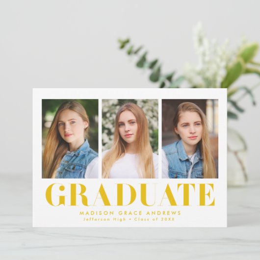 Gewoon gebold Geel 3 Foto Afstuderen Aankondiging (Staand voorkant)