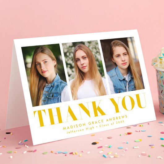 Gewoon gebold Geel 3 Foto Afstuderen Bedankkaart
