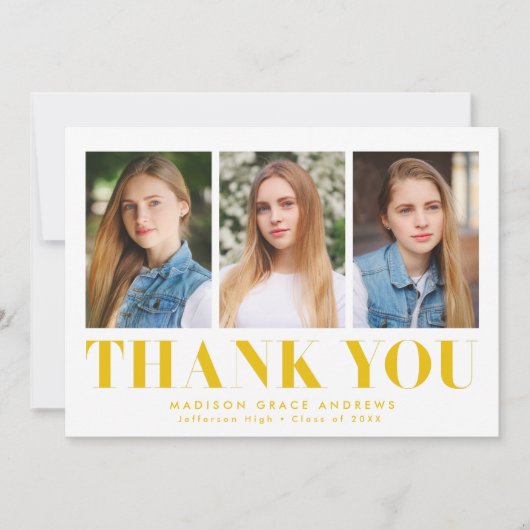 Gewoon gebold Geel 3 Foto Afstuderen Bedankkaart (Voorkant)