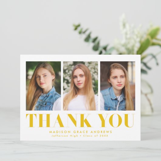 Gewoon gebold Geel 3 Foto Afstuderen Bedankkaart (Staand voorkant)