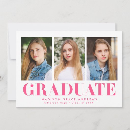 Gewoon gebold Hot Roze 3 Foto Afstuderen Aankondiging (Voorkant)