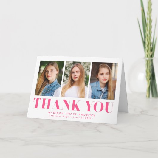 Gewoon gebold Hot Roze 3 Foto Afstuderen Bedankkaart (Voorkant)