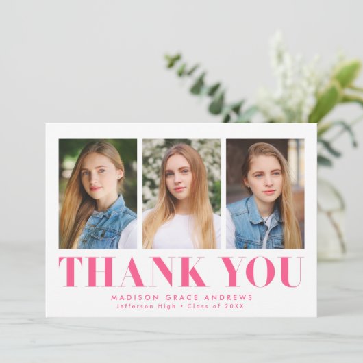 Gewoon gebold Hot Roze 3 Foto Afstuderen Bedankkaart (Staand voorkant)