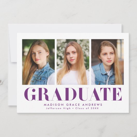 Gewoon gebold Paars 3 Foto Afstuderen Aankondiging (Voorkant)