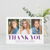 Gewoon gebold Paars 3 Foto Afstuderen Bedankkaart (Staand voorkant)