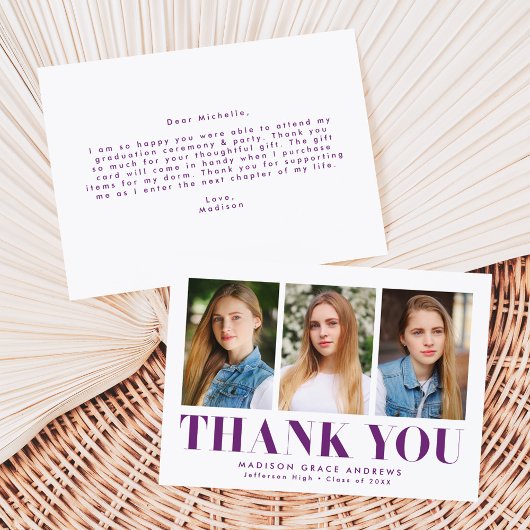 Gewoon gebold Paars 3 Foto Afstuderen Bedankkaart