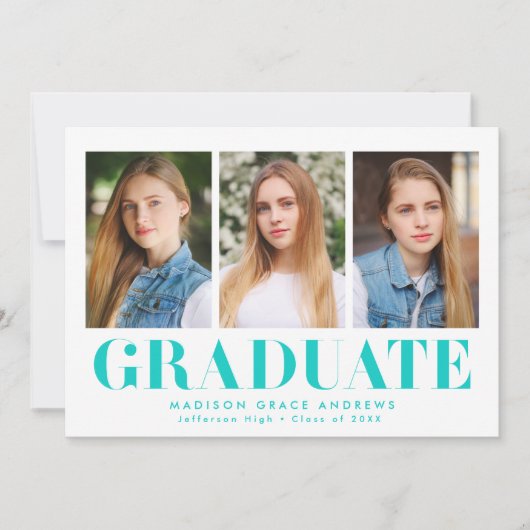 Gewoon gebold Turquoise 3 Foto Afstuderen Aankondiging (Voorkant)