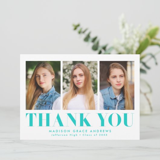 Gewoon gebold Turquoise 3 Foto Afstuderen Bedankkaart (Staand voorkant)