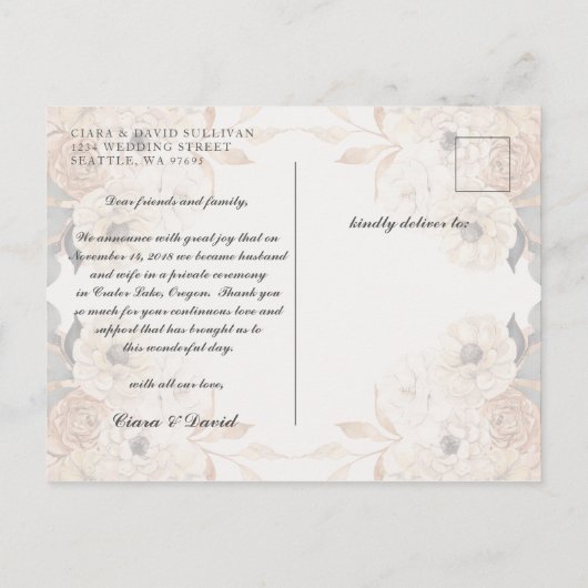 Gewoon gehuwd Briefkaart van aankondiging van onli (Achterkant)