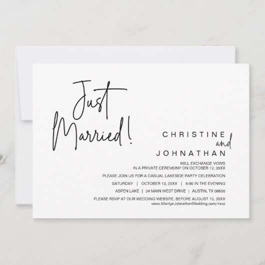 Gewoon gehuwd, bruiloft-eetfeest kaart (Voorkant)