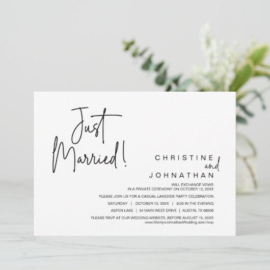 Gewoon gehuwd, bruiloft-eetfeest kaart (Staand voorkant)