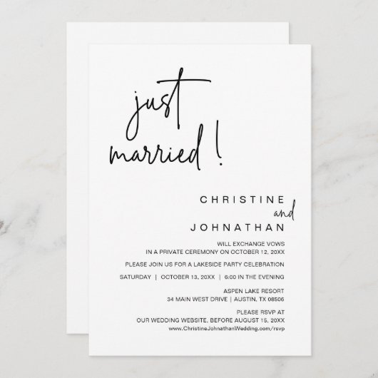 Gewoon gehuwd, bruiloft-eetfeest kaart (Voorkant / Achterkant)