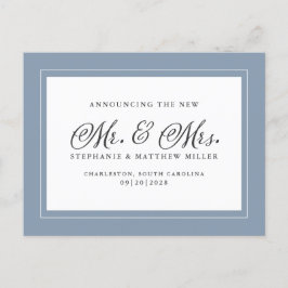 Gewoon gehuwd Elopement Dusty Blue White Elegant Uitnodiging Briefkaart