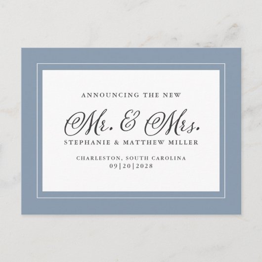 Gewoon gehuwd Elopement Dusty Blue White Elegant Uitnodiging Briefkaart (Voorkant)
