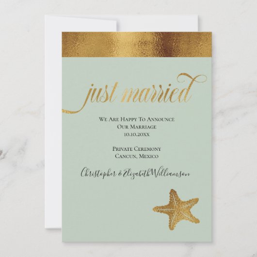 Gewoon gehuwd met Elegant Faux Gold Starfish Mint Aankondiging (Voorkant)