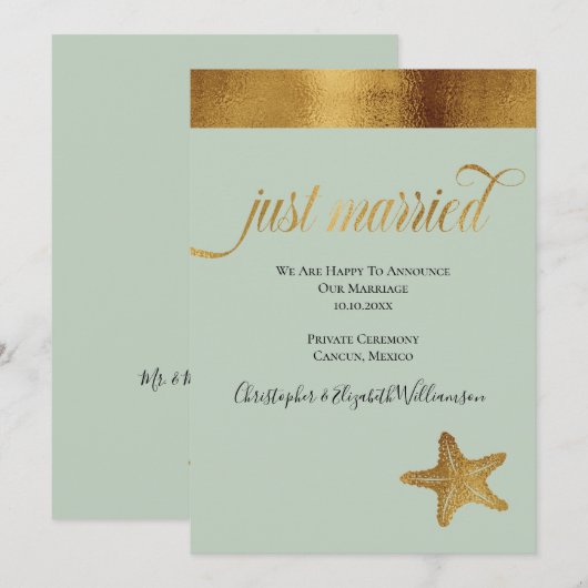 Gewoon gehuwd met Elegant Faux Gold Starfish Mint  Aankondiging (Voorkant / Achterkant)