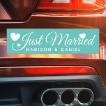 Gewoon gehuwde Blauwgroen persoonlijke Pas getrouw Automagneet<br><div class="desc">Gewoon gehuwde Pas getrouwd voor persoonlijke naam Wedding Car Magnet. Pas dit douaneontwerp met de namen van de bruid en de groom of met uw eigen tekst aan.</div>