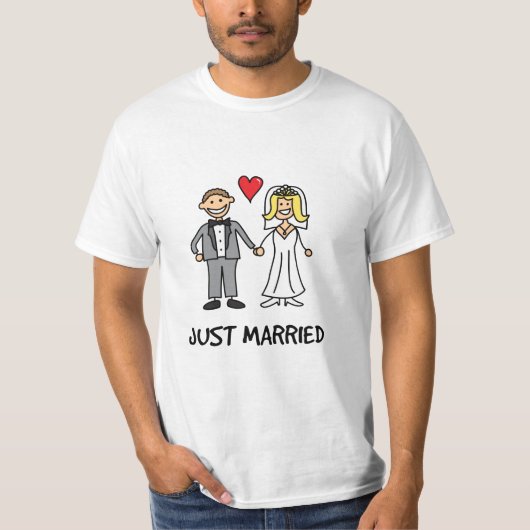 Gewoon gehuwde bride en bruom Cartoon T-shirt (Voorkant)
