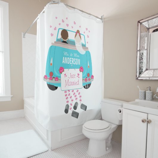 Gewoon gehuwde bruid- en bruinkoolwagen douchegordijn (In situ)