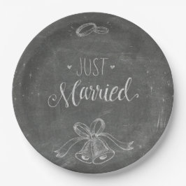 Gewoon gehuwde Chalkboard Wedding Rings en Bells Papieren Bordje
