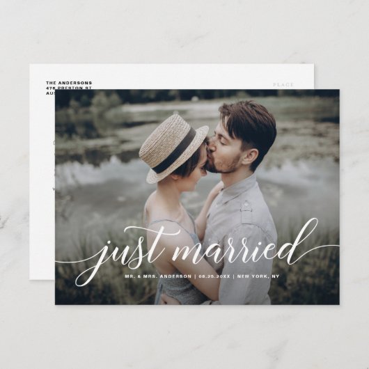 Gewoon gehuwde Cursieve Manuscript bekleding Witte Aankondigingskaart (Voorkant / Achterkant)