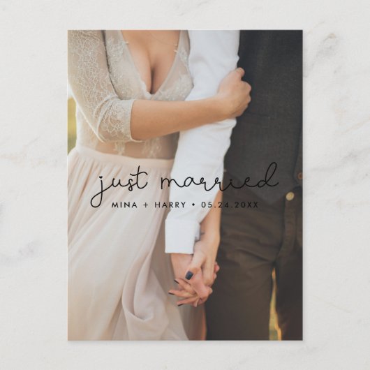 Gewoon gehuwde Cute script trouwfoto Briefkaart (Voorkant)