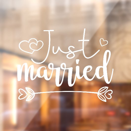 Gewoon gehuwde elegante witte scriptbruiloft raamsticker (Vel 2)