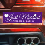 Gewoon gehuwde Paarse persoonlijke Pas getrouwd br Automagneet<br><div class="desc">Gewoon gehuwde Pas getrouwd voor persoonlijke naam Wedding Car Magnet. Pas dit douaneontwerp met de namen van de bruid en de groom of met uw eigen tekst aan.</div>